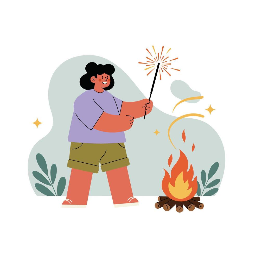 Child holding sparkler near campfire in outdoor setting with greenery and warm glowing light effects vector