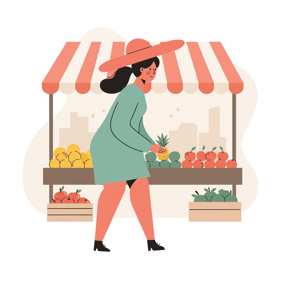 Woman shopping fresh fruits at outdoor market stall with striped canopy in soft pastel colors vector