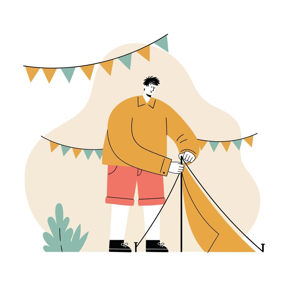 Man setting up outdoor tent with festive flags in casual outfit and orange sweater for camping leisure activities vector