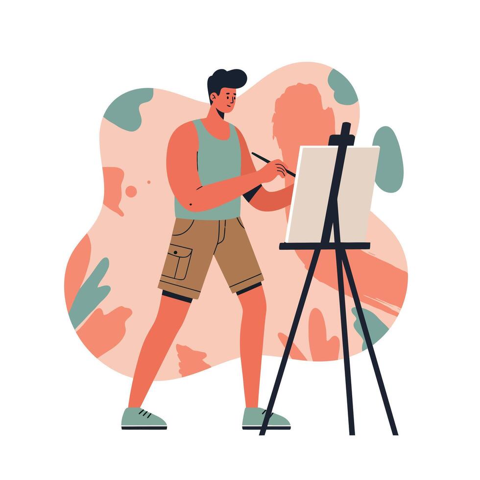 Male artist painting on easel in casual summer outfit with abstract background creative hobby activity vector