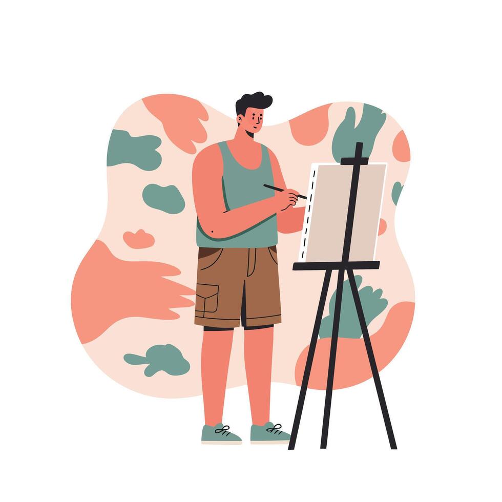 Young man painting on canvas with easel in casual outfit and artistic abstract background vector