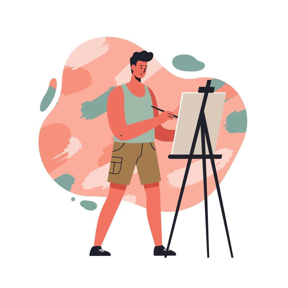 Young man painting on easel with brush and canvas in casual summer clothes modern illustration vector