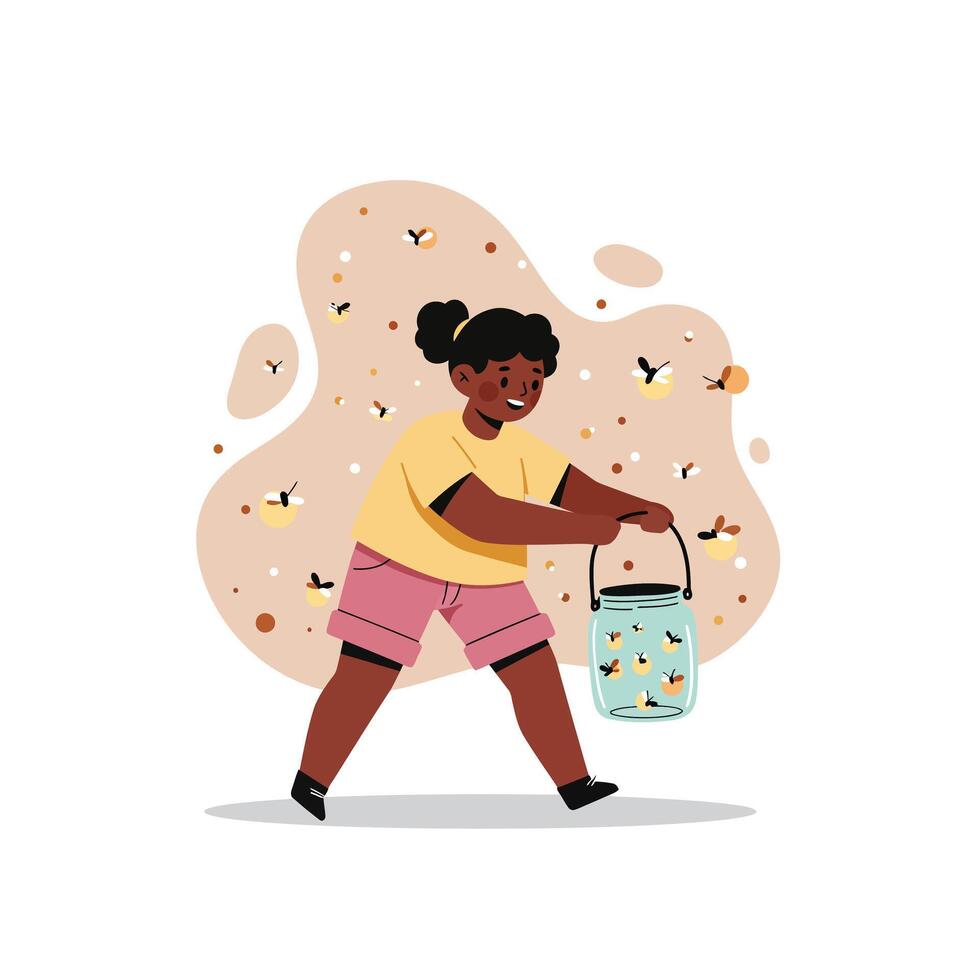 Child catching fireflies in jar during summer evening outdoor activity with joyful expression and casual clothing vector