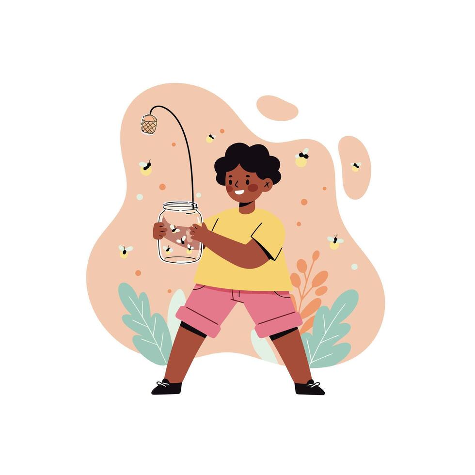 Child catching fireflies in jar outdoors with playful summer activity and nature background vector