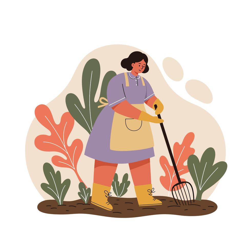 Woman gardening with rake in soil surrounded by green and orange plants wearing boots and apron vector