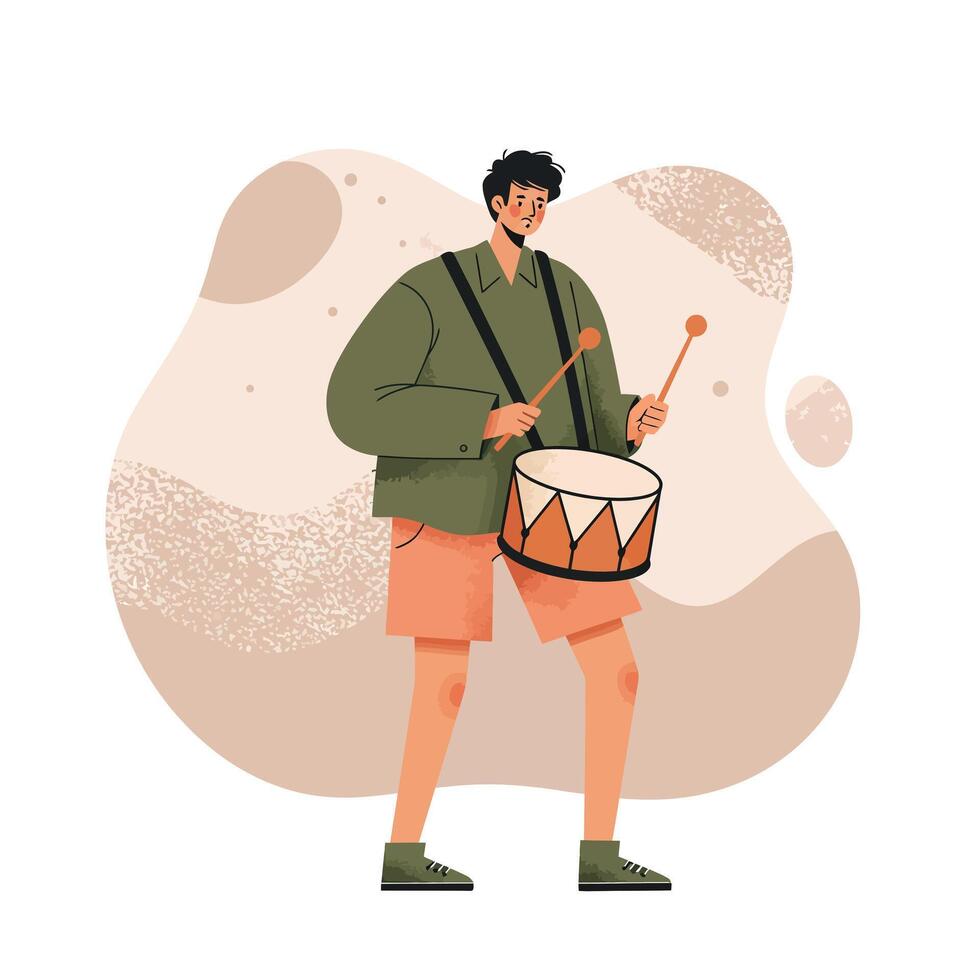 Young man playing marching drum with mallets in casual clothing and abstract beige background vector