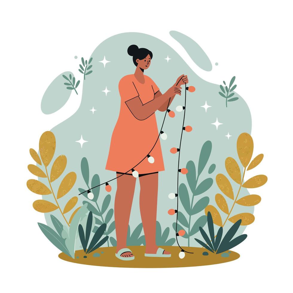 Woman standing and holding string lights in garden surrounded by green and yellow plants with decorative stars in background vector