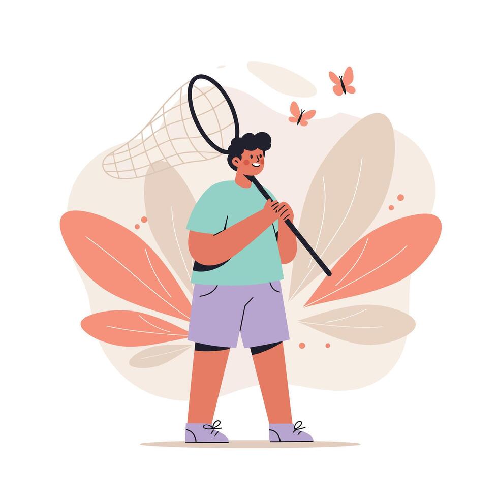 Boy catching butterflies with net in nature with pastel leaves background illustration vector
