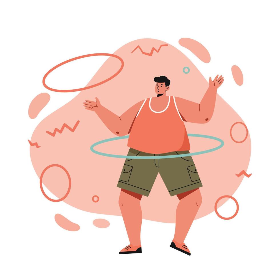 Man exercising with hula hoops wearing orange tank top and green shorts in dynamic pose with abstract background vector