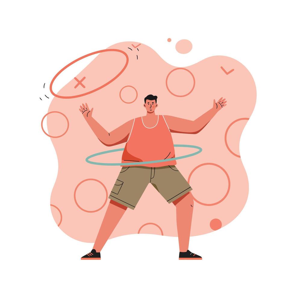 Man exercising with colorful hula hoops on orange background in fitness activity session vector