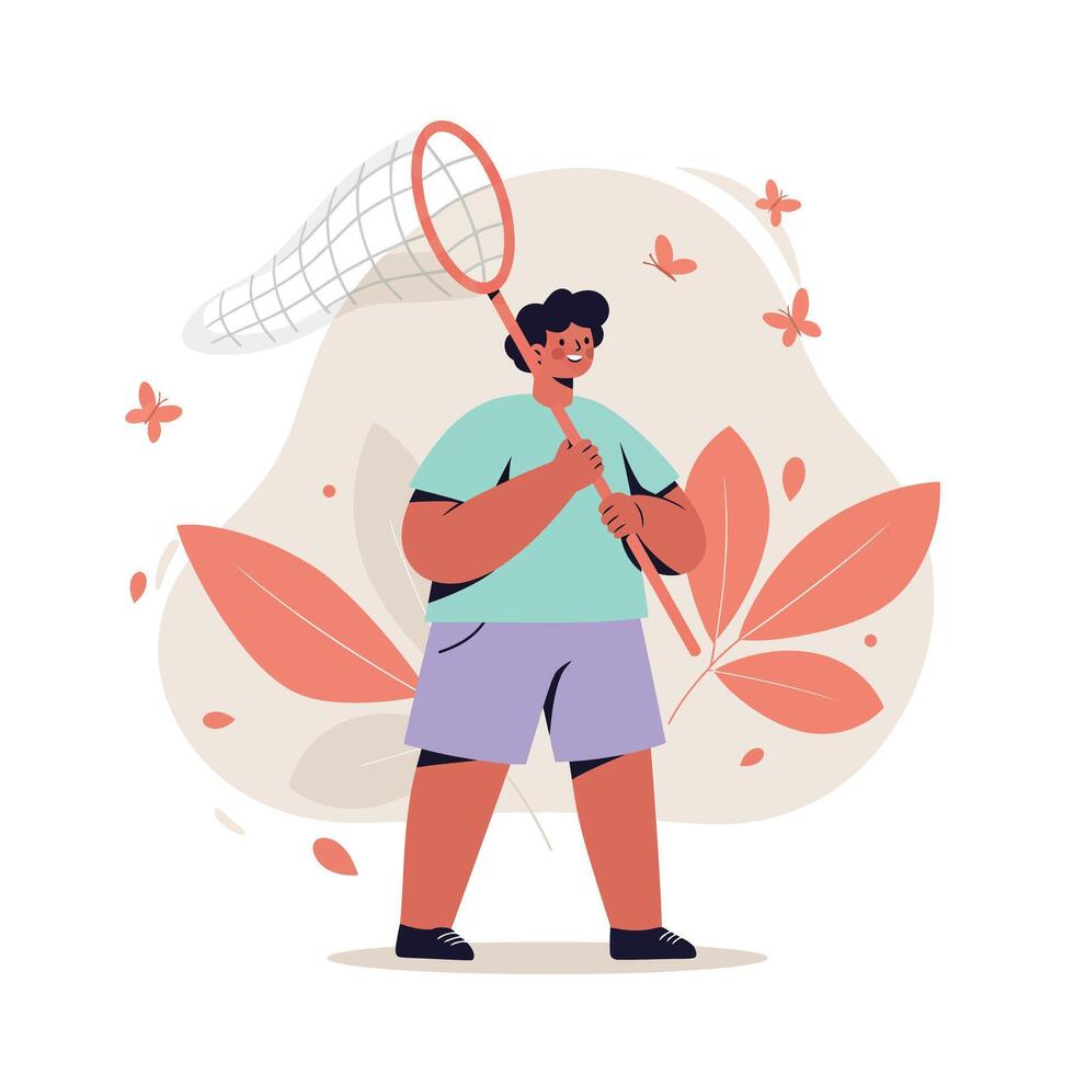 Boy catching butterflies with net in nature background with large leaves and flying insects illustration vector