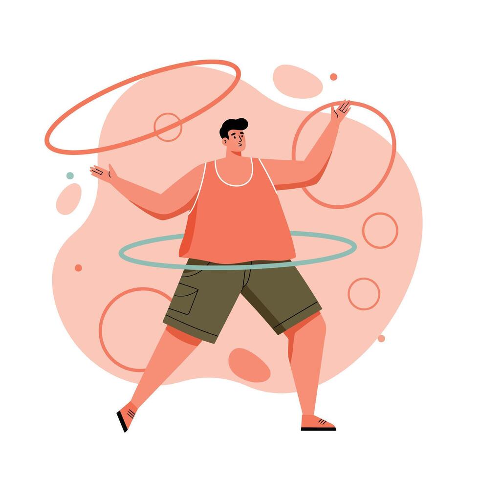 Man exercising with multiple hula hoops in casual summer outfit with orange and green colors vector
