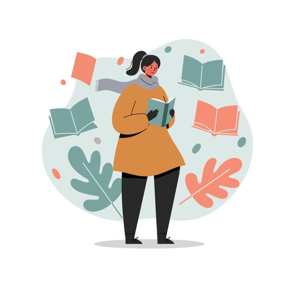 Woman reading book with floating books and autumn leaves in warm clothes autumn scene portrait vector