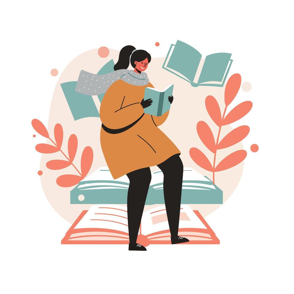 Woman reading book surrounded by floating books and autumn leaves in cozy scarf and orange coat vector