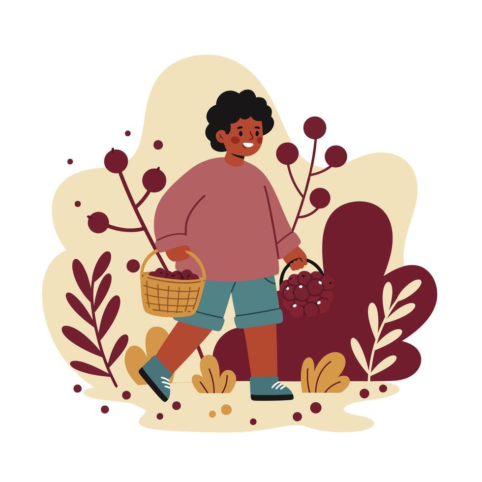 Child carrying basket and grapes with autumn plants background in warm tones illustration vector