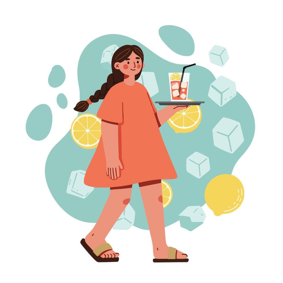 Young woman carrying tray with cold drinks and ice cubes in summer setting with lemon slices and balloon background vector