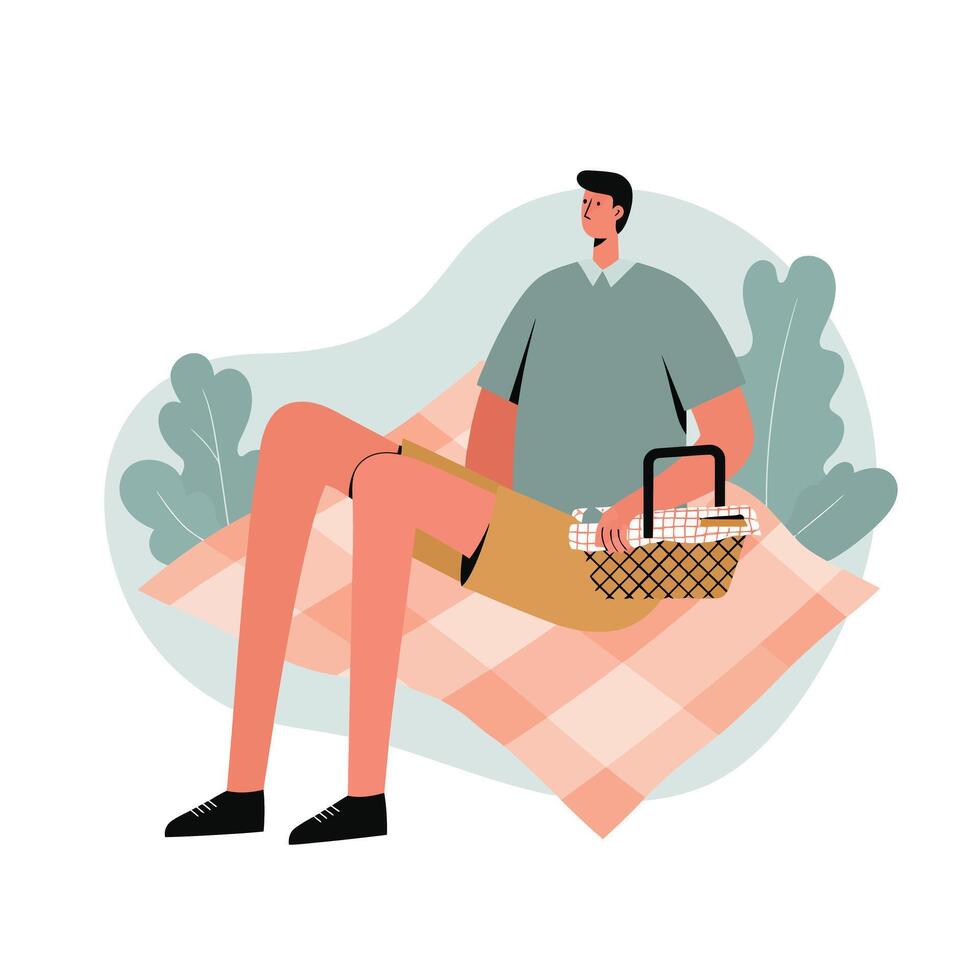 Man sitting on picnic blanket with basket enjoying outdoor leisure and relaxation in nature vector