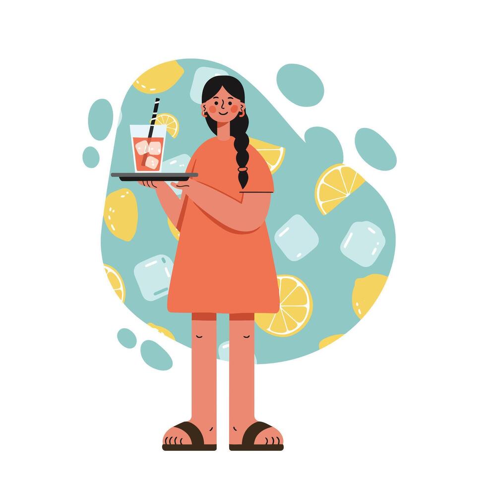 Young woman in orange dress serving refreshing lemonade drink with ice and lemon slices in summer scene illustration vector