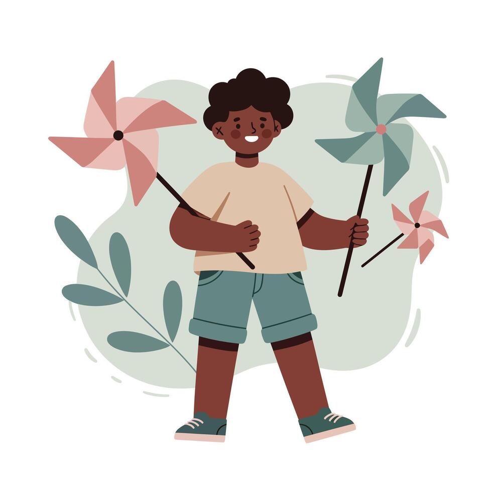 Child holding colorful pinwheels in casual summer shorts and sneakers with abstract leaves background cheerful illustration vector