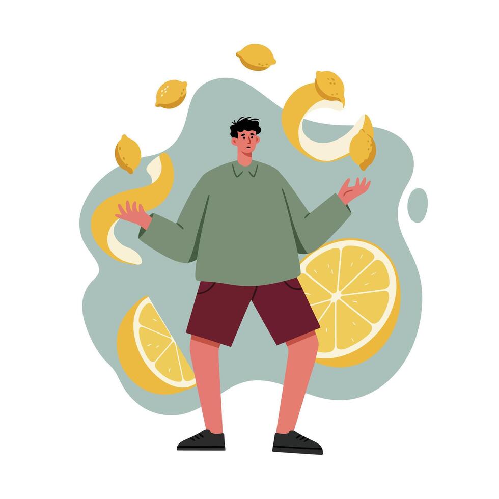 Young man juggling whole and sliced lemons with casual outfit illustration in playful style vector