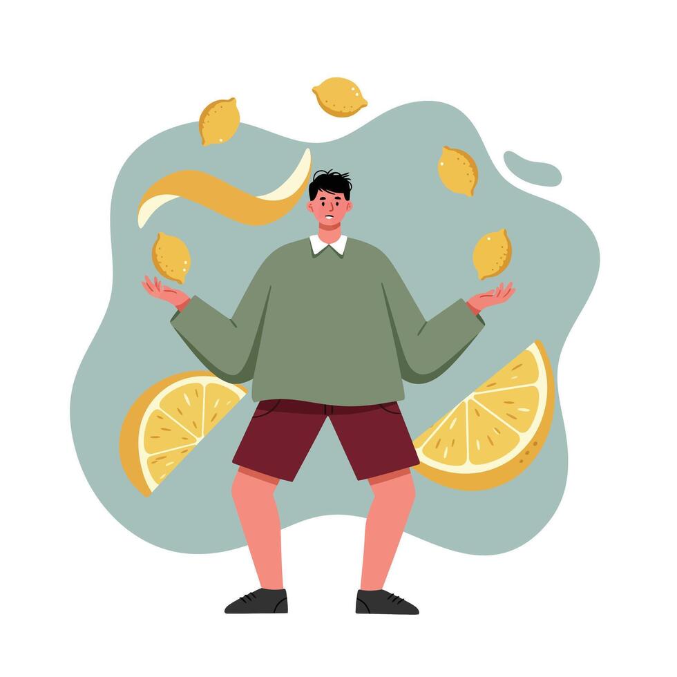 Man juggling lemons and lemon slices in playful green sweater and shorts with abstract background vector