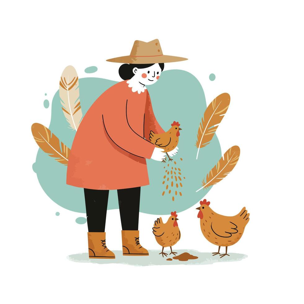 Farmer feeding chickens in autumn colors with hat and boots in countryside setting illustration vector