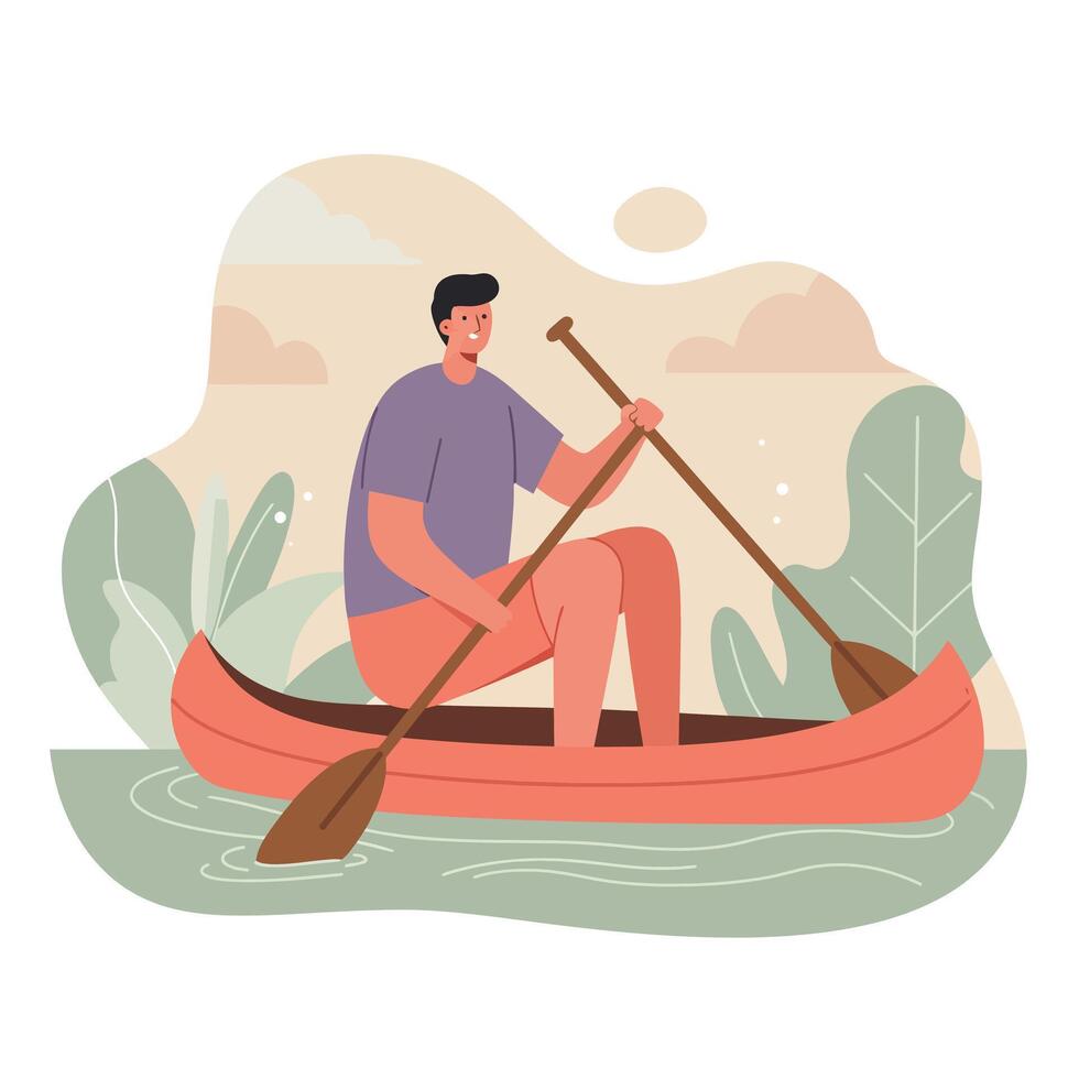 Man rowing red canoe on calm water surrounded by green plants and cloudy sky in landscape scene vector