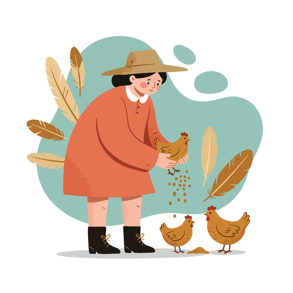 Woman feeding chickens in autumn setting with brown feathers and green background illustration vector