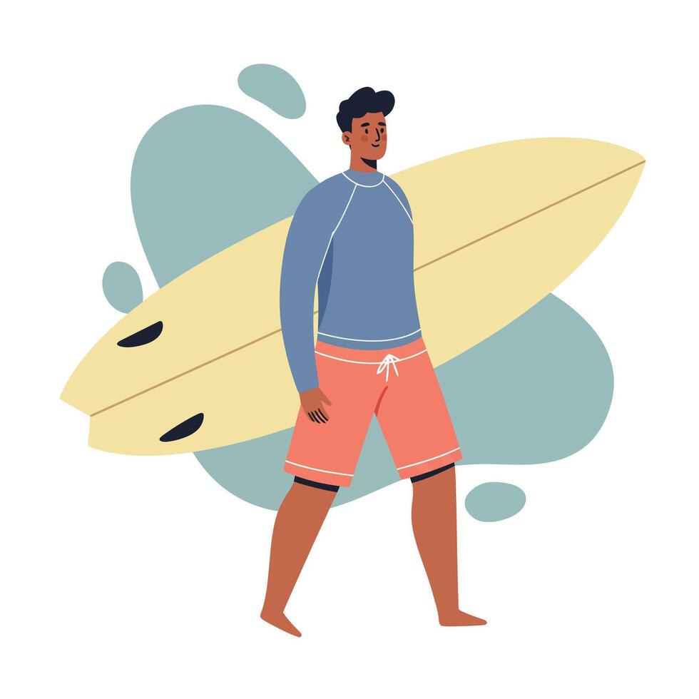 Man walking with yellow surfboard wearing blue sweatshirt and coral shorts summer beach activity illustration vector