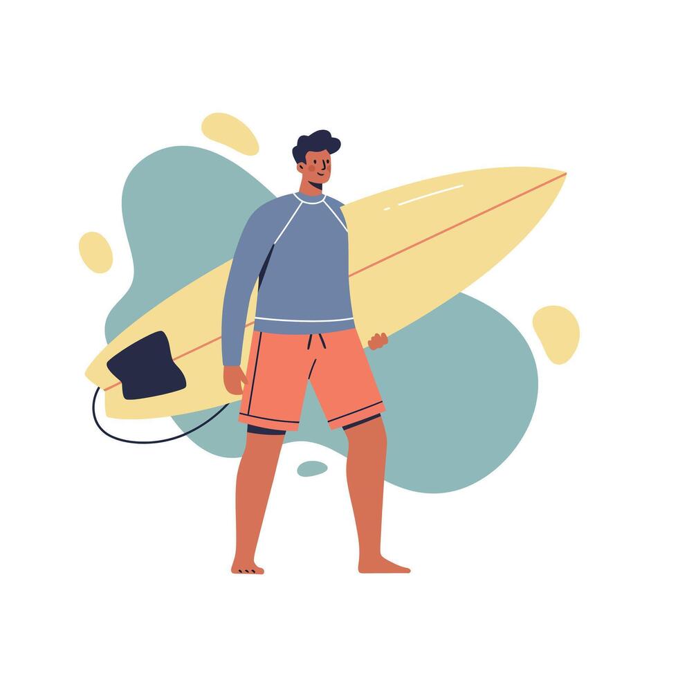 Surfer carrying yellow surfboard in casual beachwear with blue background abstract shape illustration vector
