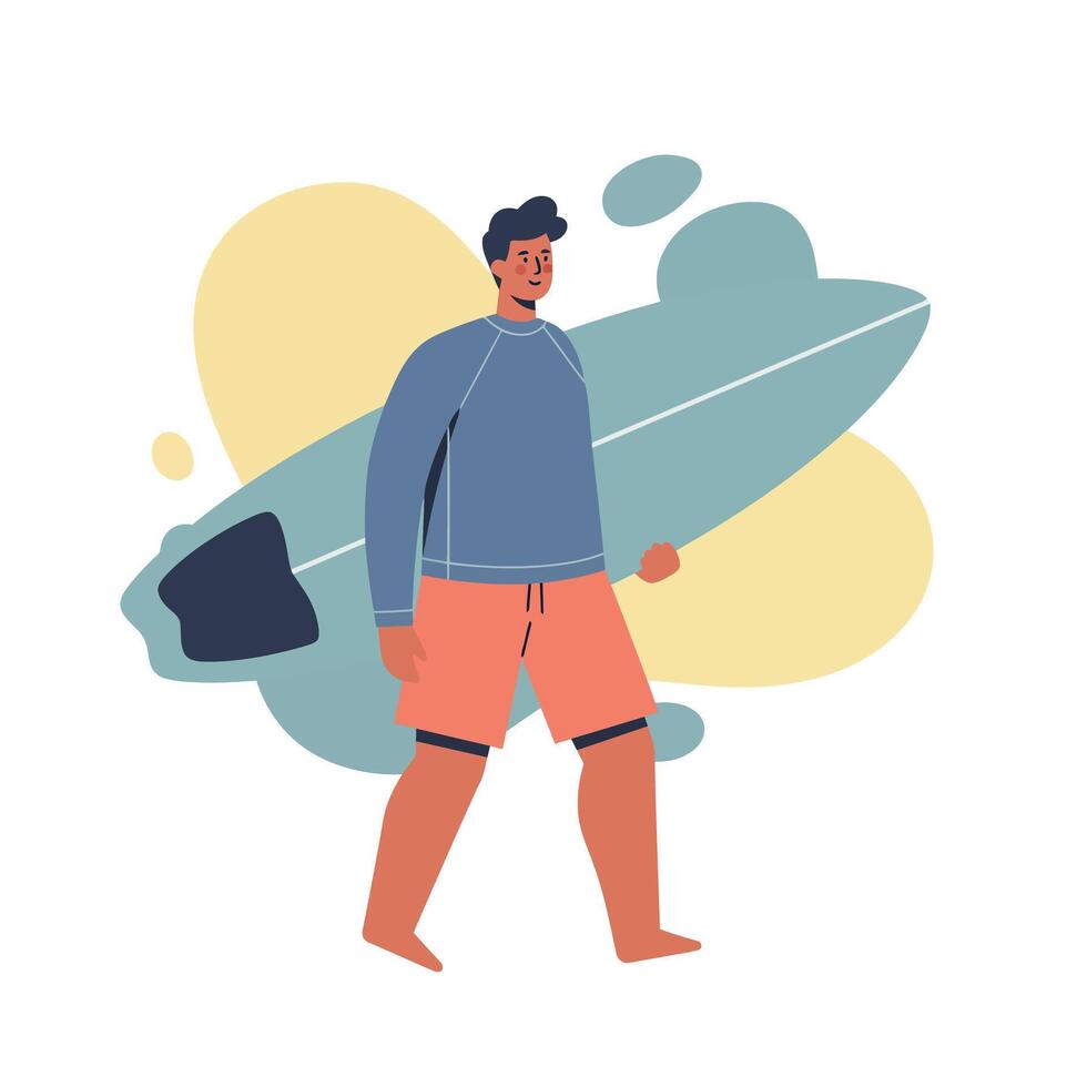 Surfer carrying surfboard walking with casual summer outfit and beach background illustration vector