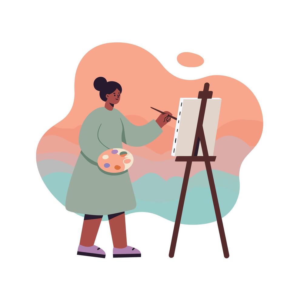 Female artist painting on canvas with easel and palette in calm pastel background illustration vector