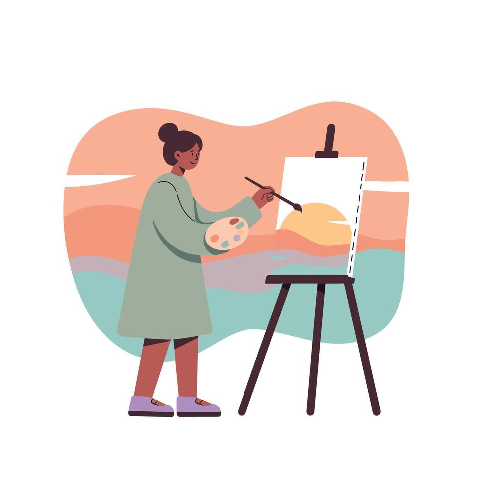 Woman painting on canvas with palette and brush in creative art studio illustration vector