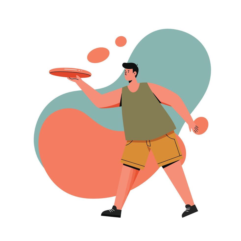 Man Playing Frisbee Outdoor Activity with Casual Clothing and Dynamic Pose Illustration vector
