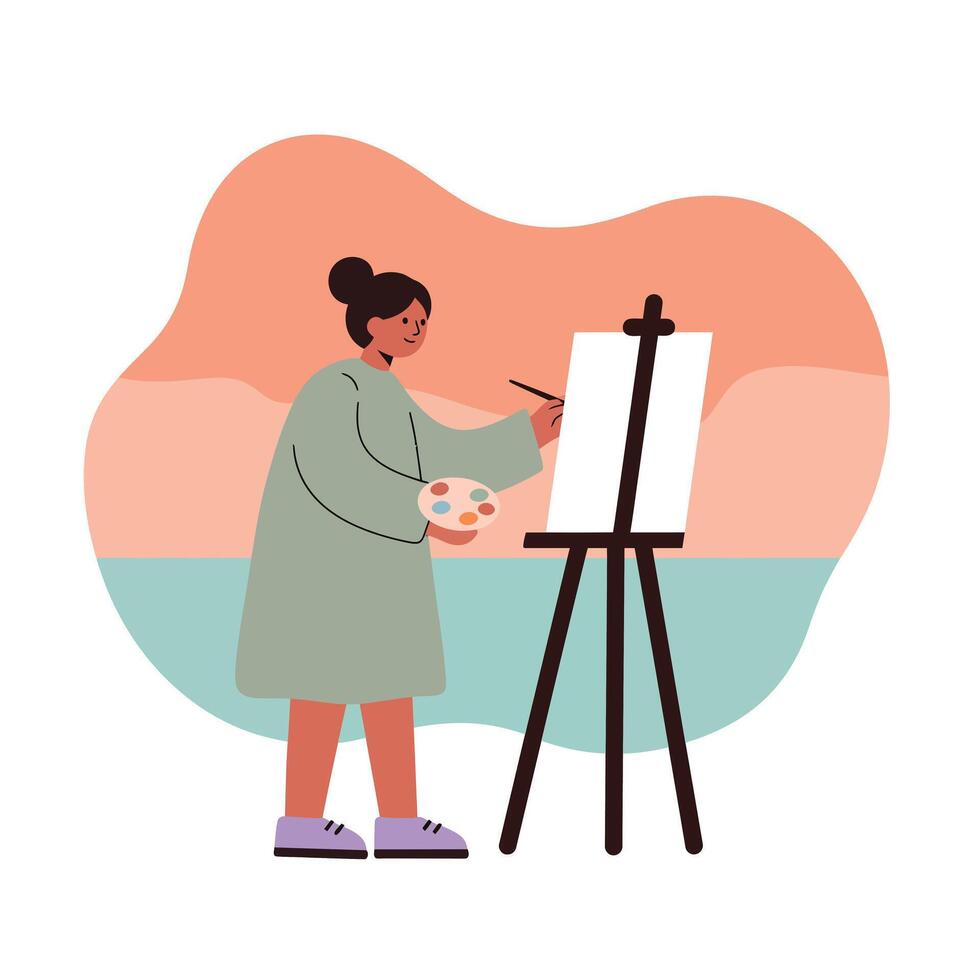 Woman painting on easel with palette creating artwork in casual dress and sneakers illustration vector