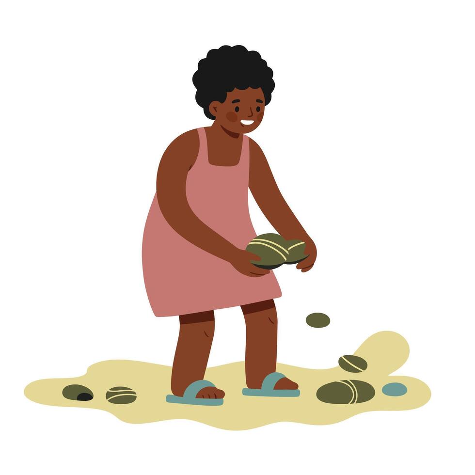 Child playing with marbles on sandy ground in casual clothes and slippers illustration vector