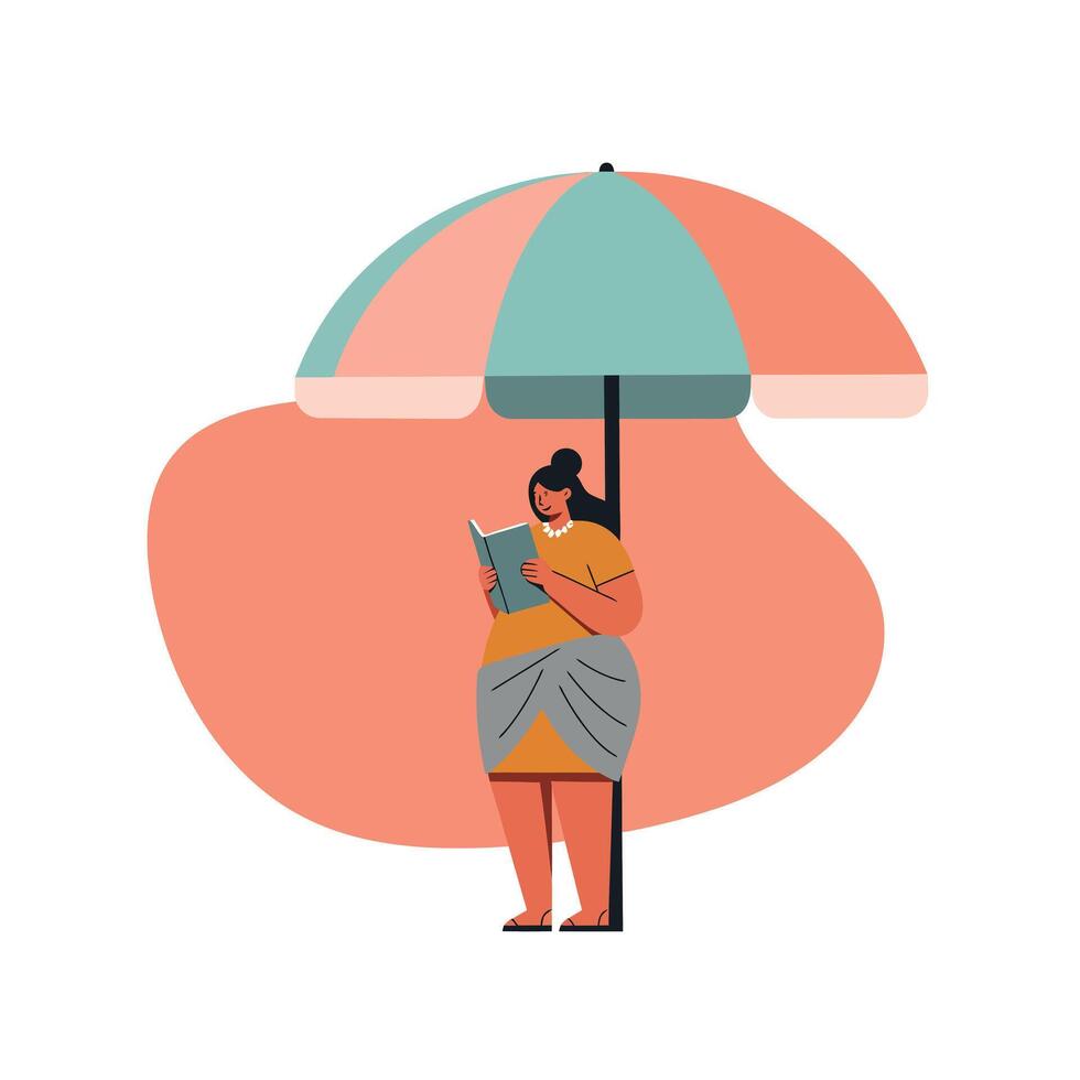 Woman reading book under beach umbrella in casual outfit with colorful background illustration vector