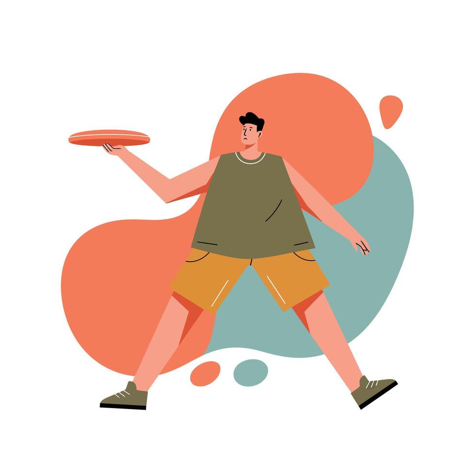Young man playing frisbee outdoor casual style illustration in flat design with orange and green background shapes vector