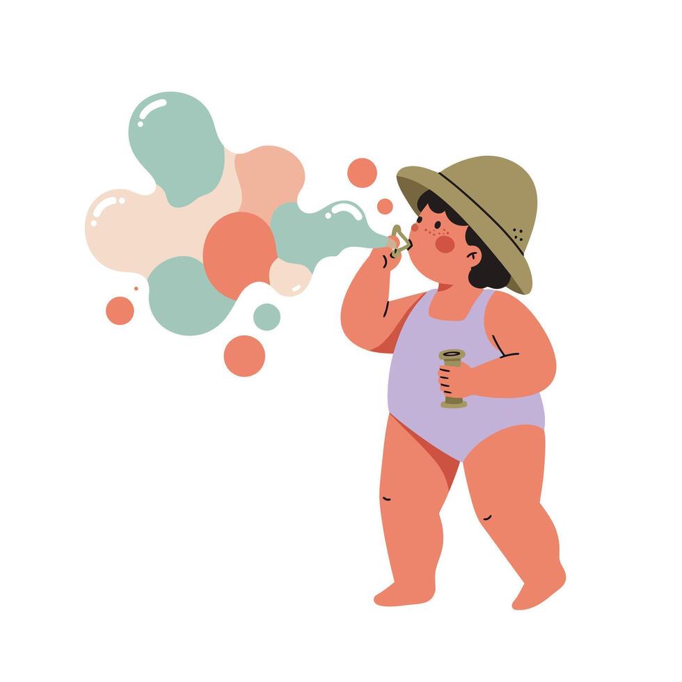 Toddler child blowing colorful soap bubbles wearing hat and swimsuit illustration vector