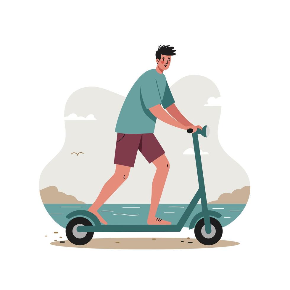 Man riding electric scooter by seaside in casual summer outfit with relaxed landscape background illustration vector