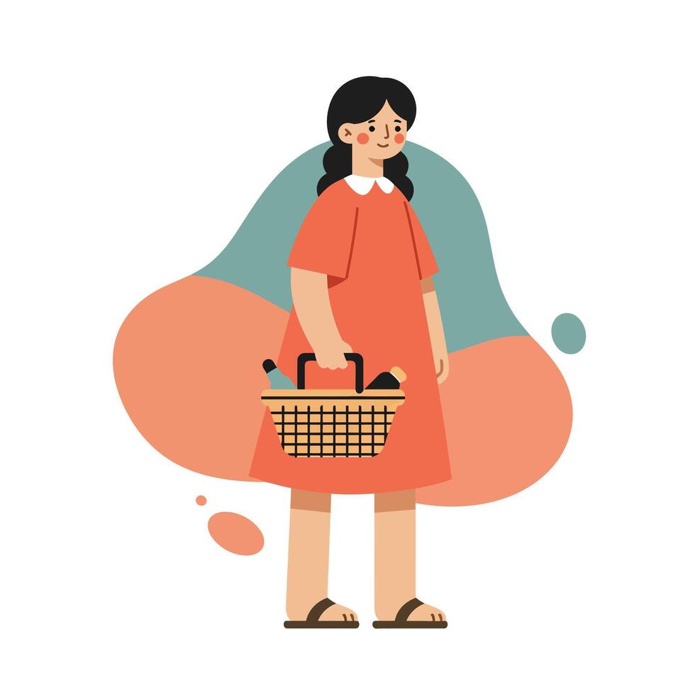 Woman carrying shopping basket in orange dress illustration with abstract background and casual style design vector