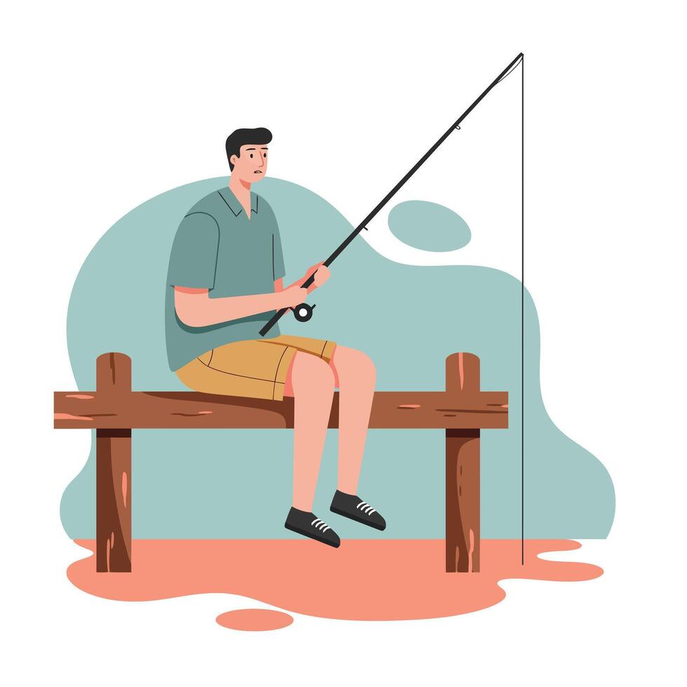 Man fishing with rod sitting on wooden dock by water in casual outfit illustration vector