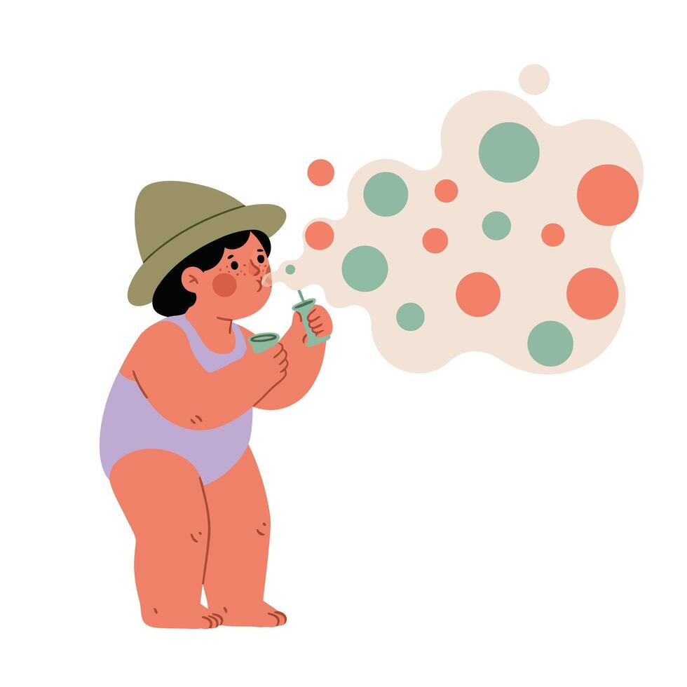 Toddler blowing bubbles outdoors wearing green hat and orange shirt creating colorful floating circles illustration vector