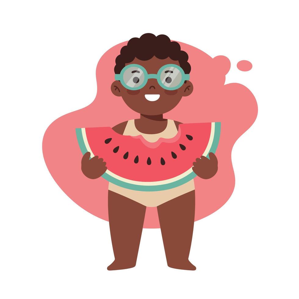 Child holding large watermelon slice with glasses smiling summer illustration vector