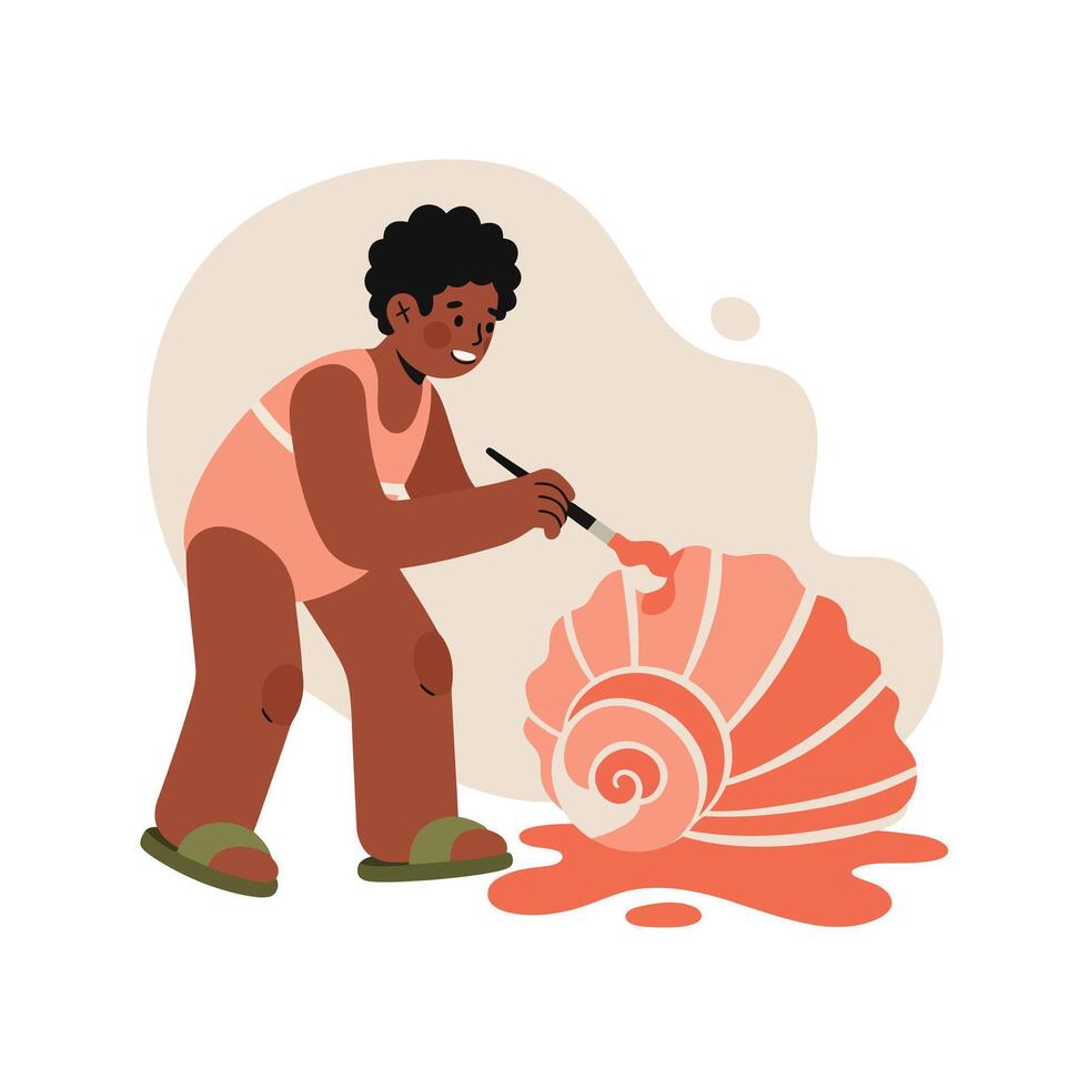 Child painting large seashell art with brush in creative leisure activity illustration vector