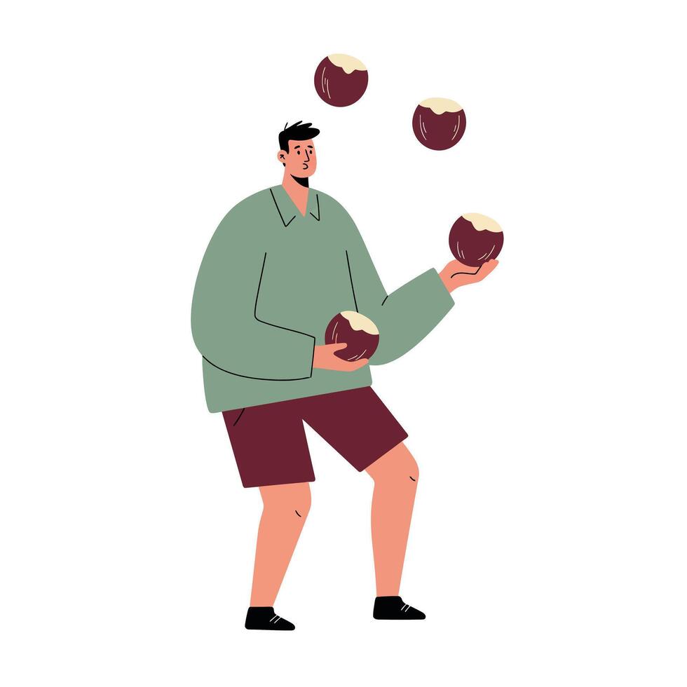 Man juggling brown balls wearing green sweater and maroon shorts in simple illustration vector