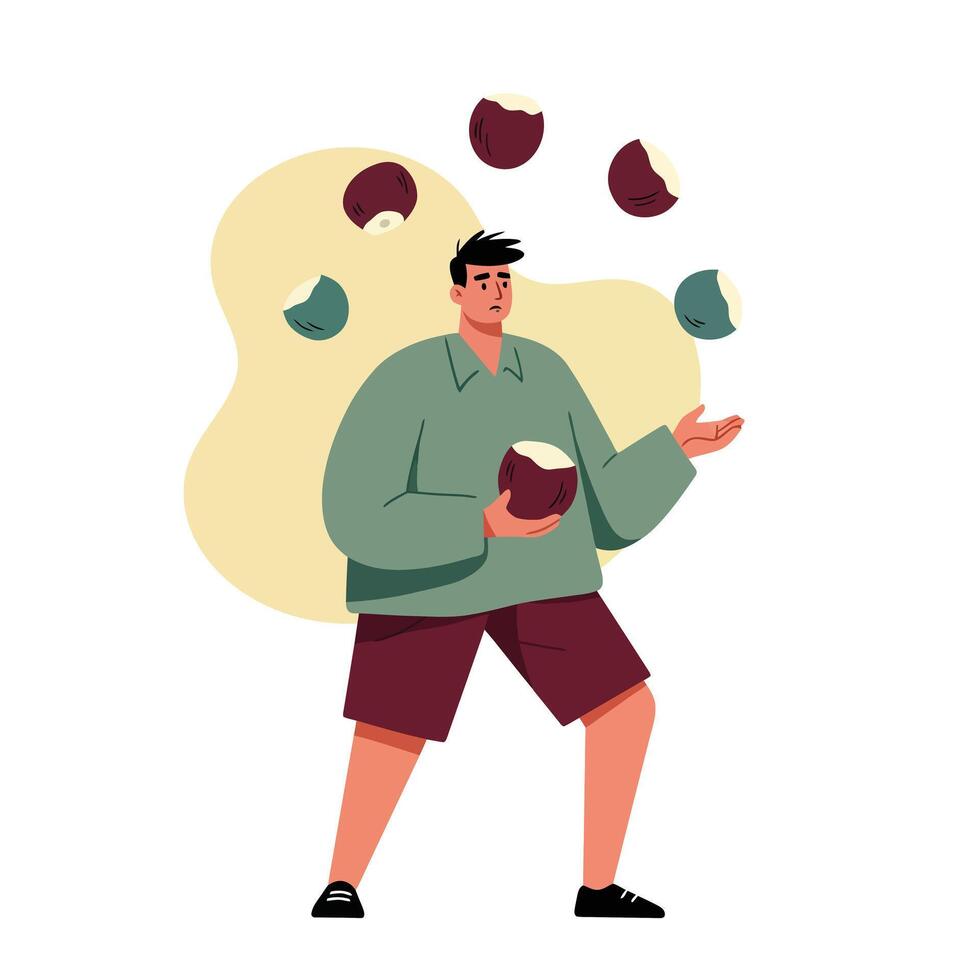 Young man juggling multiple balls in casual outfit with green sweater and maroon shorts illustration vector
