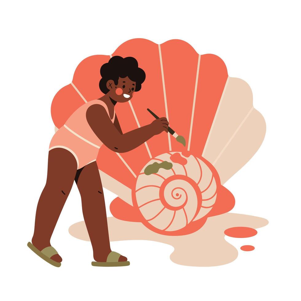 Child painting seashell art with large shell backdrop in coral and beige colors illustration vector