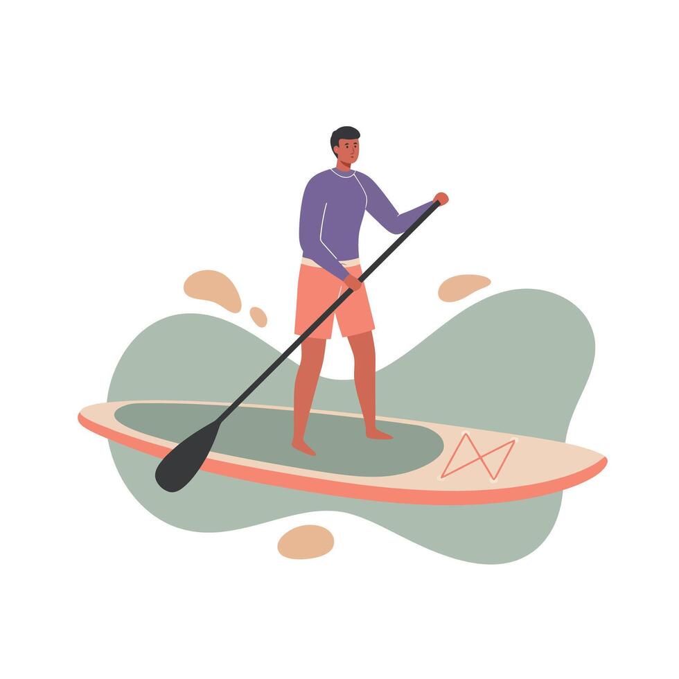 Man paddleboarding on calm water with green background and splash elements illustration vector