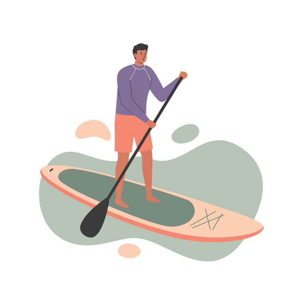 Man Paddleboarding on Stand Up Paddleboard Wearing Purple Shirt and Orange Shorts Illustration vector